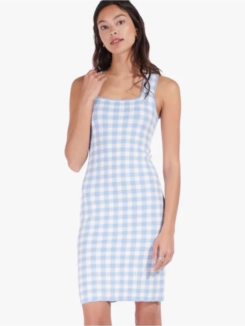 STAUD Katie Blue & White Sky Gingham Square-Neck Slip Dress Small